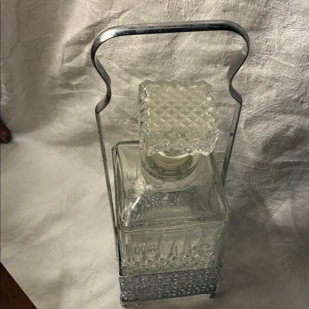 Elegant Glass Decanter with Metal Holder Both Square W/Square Stopper Original